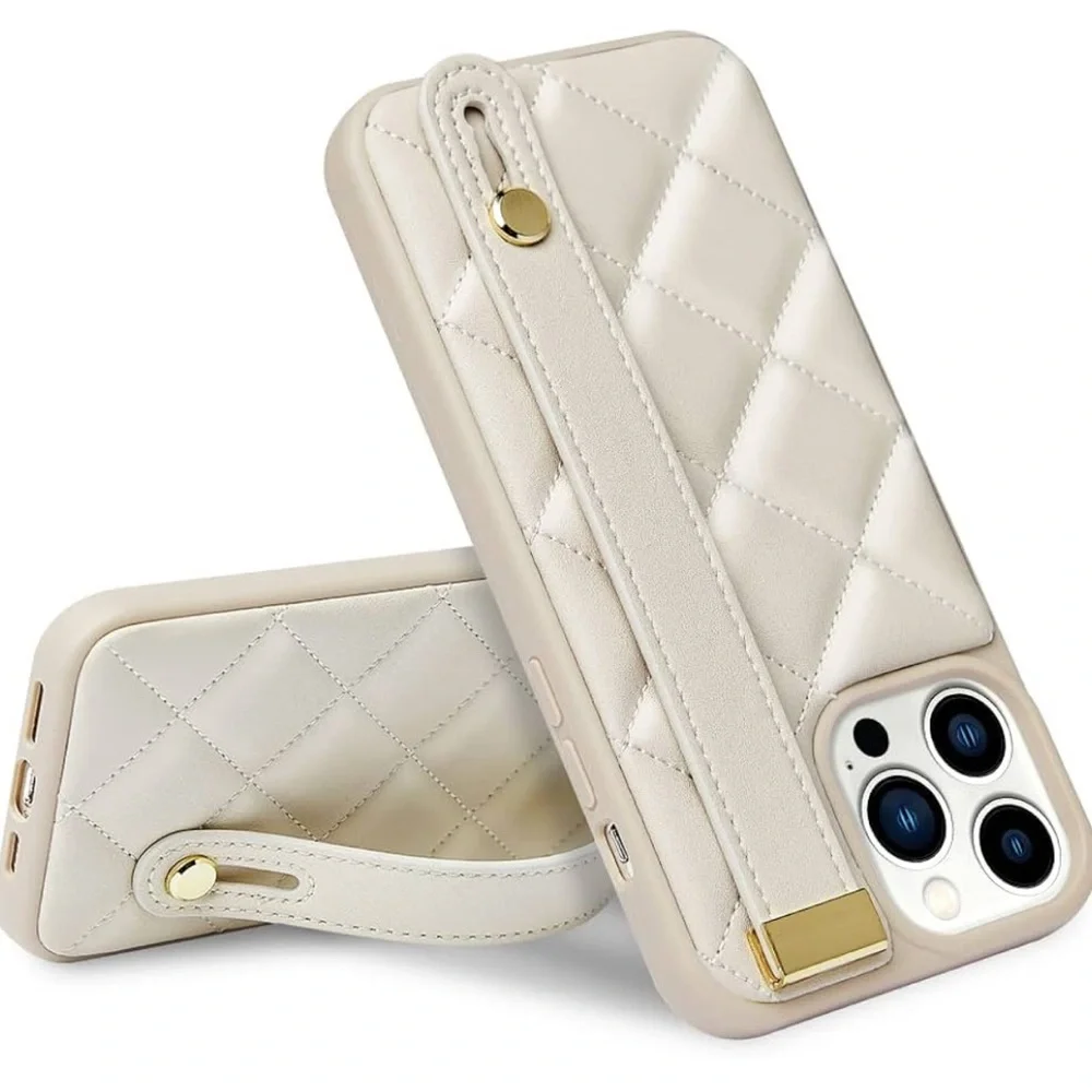 3/$15 ZVE iPhone 12 Pro Max Cover Beige Quilted Stitching With Strap